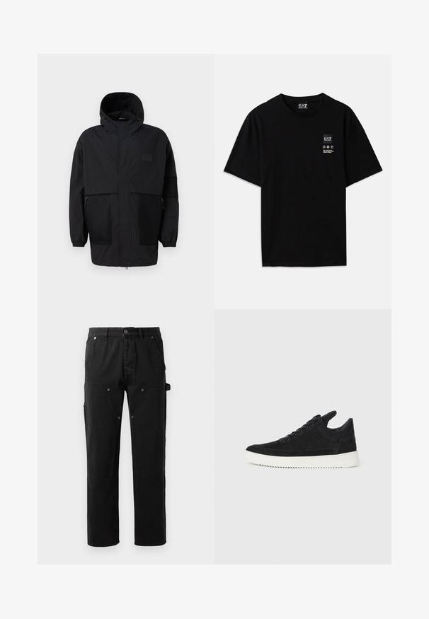 Čierna kapucňová bunda vyrobená z ľahkého materiálu, s priehľadnými panelmi, predným zipsom a elastickými manžetami pre nastaviteľné prispôsobenie.; Čierne bavlnené tričko s krátkymi rukávmi, okrúhlym výstrihom a malou logom na prednej strane, ktorá obsahuje symboly starostlivosti v bielej farbe.; Čierne bavlnené nohavice so strižou rovného strihu, dvoma prednými vreckami, bočným úložným vreckom a detailami so cvokovými gombíkmi.; čierne semišové tenisky s bielou gumovou podrážkou, s tonálnym prešívaním a šnurovaním. Hladká textúra s moderným, zjednodušeným tvarom.