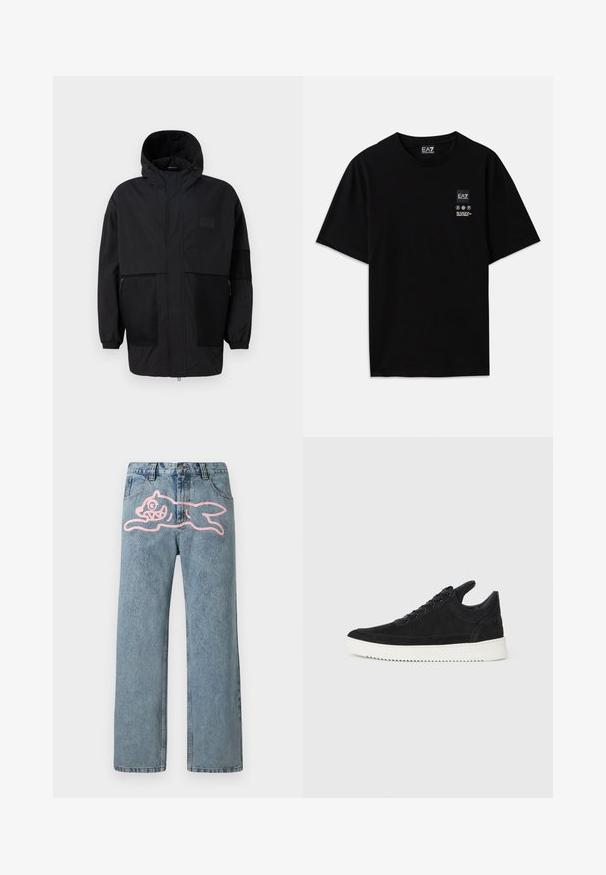 Juodas gobtuvu džemperis, pagamintas iš lengvo audinio, turi tinklinės juosteles, priekinį užtrauktuką ir elastingus rankogalius, leidžiančius pritaikyti dydį.; Juoda medvilnė t-shirt su trumpomis rankovėmis, apvalia iškirpte ir maža logotipo etiketė priekyje su baltomis priežiūros simbolių pictogramomis.; Šviesiai mėlyni džinsai su tiesiomis kojomis, ant kairiojo šlaunies turintys didelį rožinį animacinio katino grafiką. Klasikinis penkių kišenių dizainas.; Juodų suede sportbačių su balta gumine padu, su toniniais siuvinėjimais ir raištelių užsegimu. Sklandus paviršius su šiuolaikine, laiko forma.