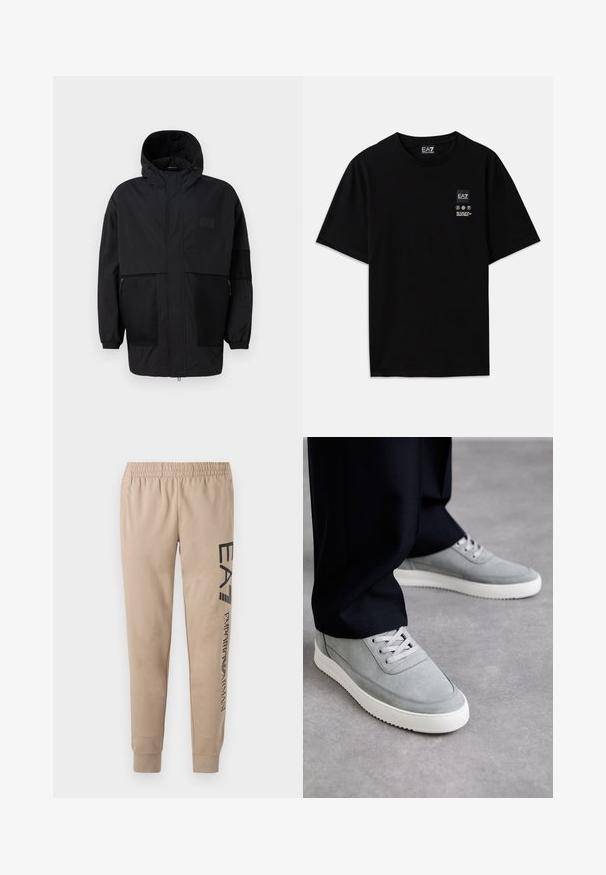 Black hooded jacket made from lightweight fabric, featuring mesh panels, a front zipper, and elastic cuffs for adjustable fit.; Black cotton t-shirt with short sleeves, a crew neck, and a small logo tag on the front featuring care symbols in white.; Beige sweatpants with an elastic waistband, tapered leg openings, and black printed branding on the left thigh and lower leg.; Gray suede sneakers with white rubber soles, featuring lace-up design, rounded toe, and subtle stitching details, worn with black pants.