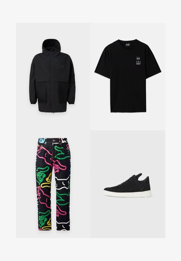 Črna kapuča jakna iz lahkega materiala, ki ima mrežaste panele, sprednje zadrgo in elastične manšete za prilagodljiv fit.; Črna bombažna majica s kratkimi rokavi, okroglim izrezom in majhnim logotipom spredaj, ki vključuje simbole za nego v beli barvi.; Denimske hlače z black osnovo in barvnimi abstraktnimi vzorčki v roza, zeleni, modri, rumeni in beli barvi. Standardna zasnova s petimi žepi.; Črne semiš športne copate z belo gumijasto podplatom, ki imajo toneče šive in vezalni dizajn. Gladka tekstura z modernim, poenoteno oblikovano silhueto.