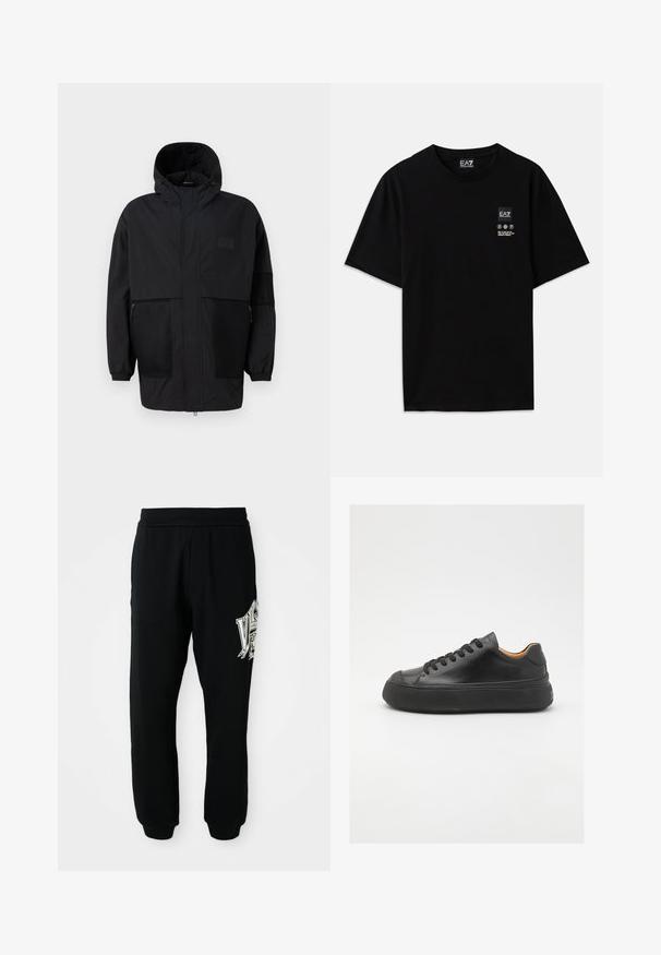 Sort hættetrøje lavet af letvægtsstof, med mesh-paneler, en frontlynlås og elastiske manchetter for justerbar pasform.; Sort bomulds t-shirt med korte ærmer, rund hals og et lille logo mærke på fronten med plejeikoner i hvidt.; Sorte sweatpants lavet af blødt stof, med en ribbet talje og manchetter. Inkluderer et grafisk print i hvid og grå på venstre ben.; Sort lædersneaker med rund tå, snørebånd foran, glat overflade, tyk gummisål og kontrasterende tan inderside.