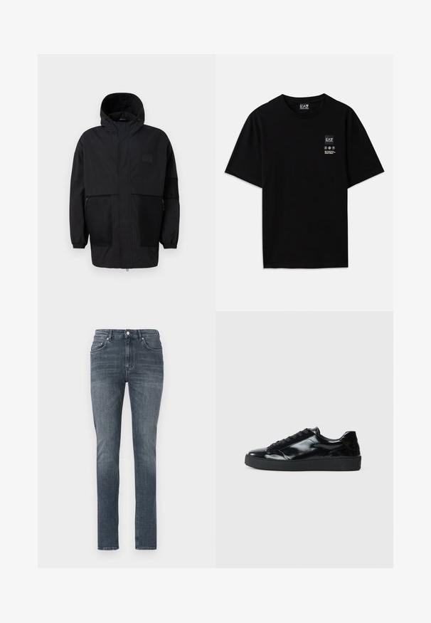 Črna kapuča jakna iz lahkega materiala, ki ima mrežaste panele, sprednje zadrgo in elastične manšete za prilagodljiv fit.; Črna bombažna majica s kratkimi rokavi, okroglim izrezom in majhnim logotipom spredaj, ki vključuje simbole za nego v beli barvi.; Slim-fit temno modri denim kavbojki z zbledelim končnim izgledom, sprednjima žepoma in tradicionalnim gumbom za zapiranje. Gladka tekstura in ravna nogavica.; Črne lakirane usnjene teniske s zaobljenim nosom, vezalnim dizajnom, teksturirano gumijasto podplatom in gladkim koncem.