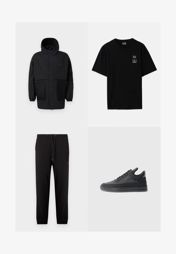 Musthave musta kapuutsiga jakk, mis on valmistatud kergest kangast, koos võrgupaneelide, ees oleva tõmbluku ja elastsete mansettidega kohandatava sobivuse jaoks.; Must must-habetic T-särk mustadest puuvilladest lühikeste varrukatega, ümar kaelus ja väike logo silt ees, mis sisaldab hooldusmärke valgena.; Mustad jookspüksid elastse vöökohaga ja soonikkoes äärtega, reguleeritava paelaga ja küljetaskutega, valgel taustal.; Mustad nahkkingad tekstuurse pinnaga, kinnitatavad paeltega, madala varbaga ning hall kummitald, millel on sooneline äär.