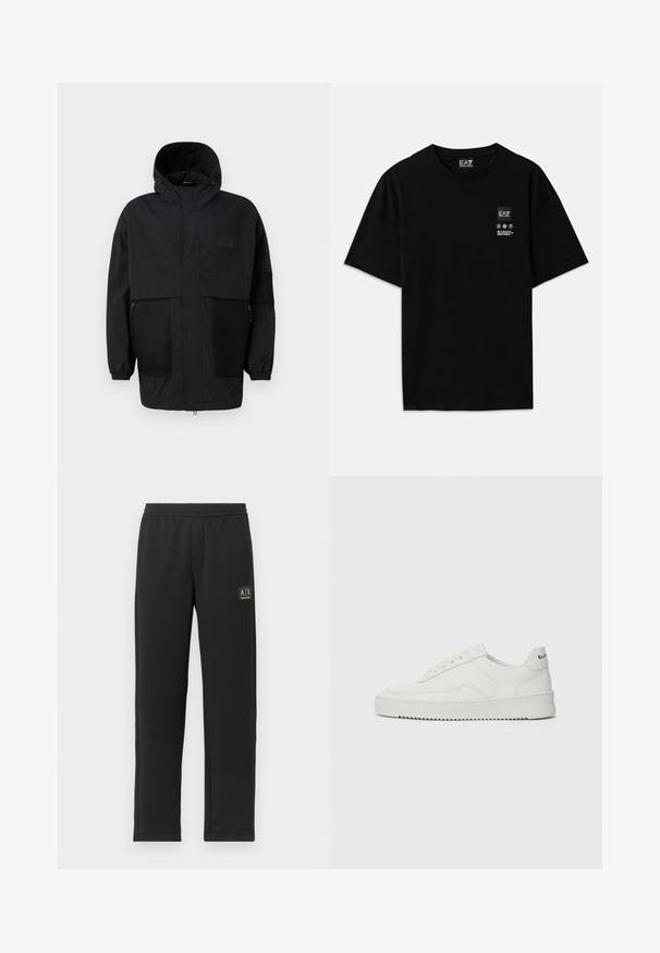 Musta huppari, joka on valmistettu kevyestä kankaasta, sisältäen verkkopaneeleja, etuvetoketjun ja joustavat hihansuut säädettävää istuvuutta varten.; Musta puuvillapaita lyhyillä hihoilla, pyöreällä kaula-aukolla ja edessä pieni logo, jossa on valkoisia hoito-ikoneita.; Musta suoralahkeinen collegehousut, joissa on joustava vyötärö ja musta tikkilogo vasemmassa yläreidessä.; Valkoinen nahkakenkä, jossa on sileä pinta, pyöreä kärki, tasaiset nauhat ja teksturoitu pohja. Sisältää huomaamattoman logon kantapäässä.