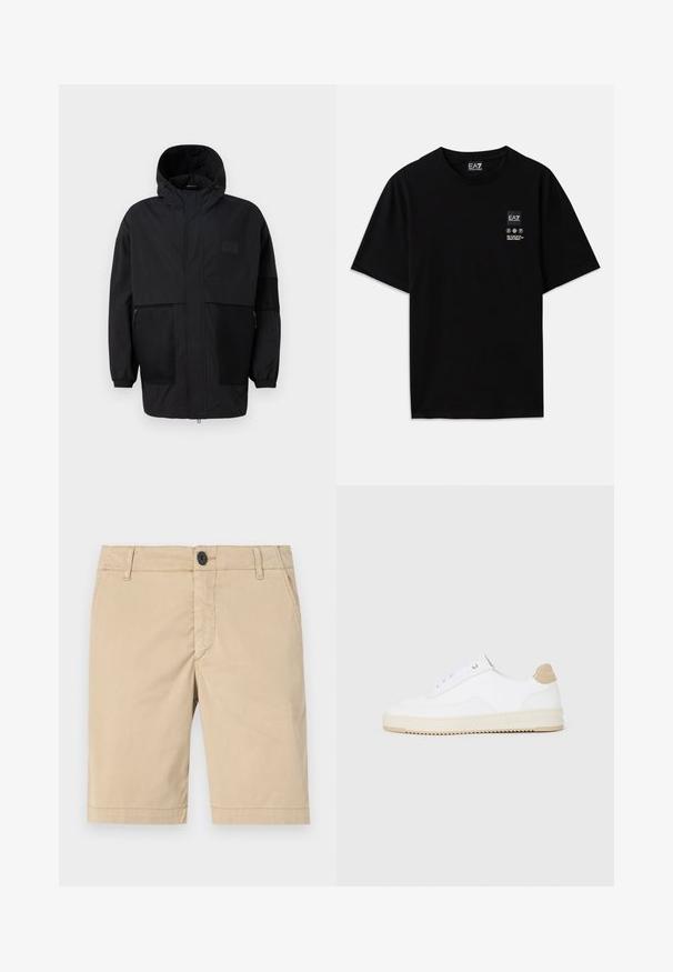 Črna kapuča jakna iz lahkega materiala, ki ima mrežaste panele, sprednje zadrgo in elastične manšete za prilagodljiv fit.; Črna bombažna majica s kratkimi rokavi, okroglim izrezom in majhnim logotipom spredaj, ki vključuje simbole za nego v beli barvi.; Khaki kratke hlače iz bombaža. Imajo zadrgo, gumbasto zapiranje, sprednje žepke, šivane šive in ravno sprednjo zasnovo.; Bele nizke superge z zgornjim delom iz teksturirane usnjene površine, smetano obrobljenim podplatom in svetlo rjavo akcentom na peti. Imajo bele vezalke in podrobnost z logotipom na peti.
