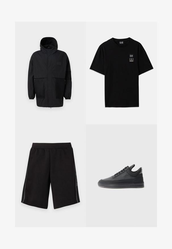 Fekete kapucnis dzseki, könnyű anyagból készült, hálós panelek, elülső cipzár és állítható illeszkedést biztosító rugalmas mandzsetták jellemzik.; Fekete pamut póló rövid ujjal, kerek nyakkivágással, az elején egy kis logócímkével, amely fehér színű ápolási szimbólumokat tartalmaz.; Fekete sportnadrág elasztikus derékkal, oldalsó hálós panelek és logó a bal lábon. Simább textúrájú anyag.; Fekete bőr sportcipő, textúrázott felülettel, fűzős dizájnnal, alacsony szárú kivitelben, szürke gumi talppal, mely bordázott peremmel rendelkezik.