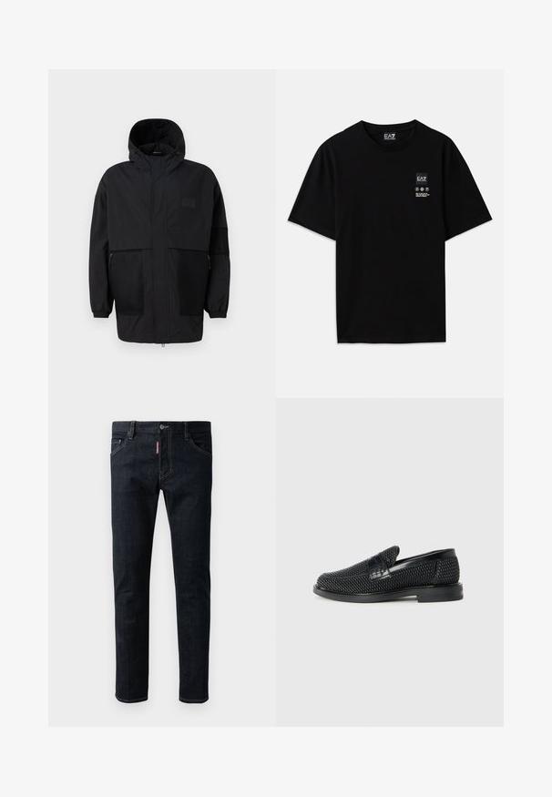 Musthave musta kapuutsiga jakk, mis on valmistatud kergest kangast, koos võrgupaneelide, ees oleva tõmbluku ja elastsete mansettidega kohandatava sobivuse jaoks.; Must must-habetic T-särk mustadest puuvilladest lühikeste varrukatega, ümar kaelus ja väike logo silt ees, mis sisaldab hooldusmärke valgena.; Tumed sinine denim jeans slim fit lõikega, nupuga kinnitamine, viis taskut ja kontrastse kollase õmbluse detailid.; Must musta kootud slip-on king, millel on pehme nahast accent ülaserval, ümmargune varvas ja madal profiiliga kummitald.