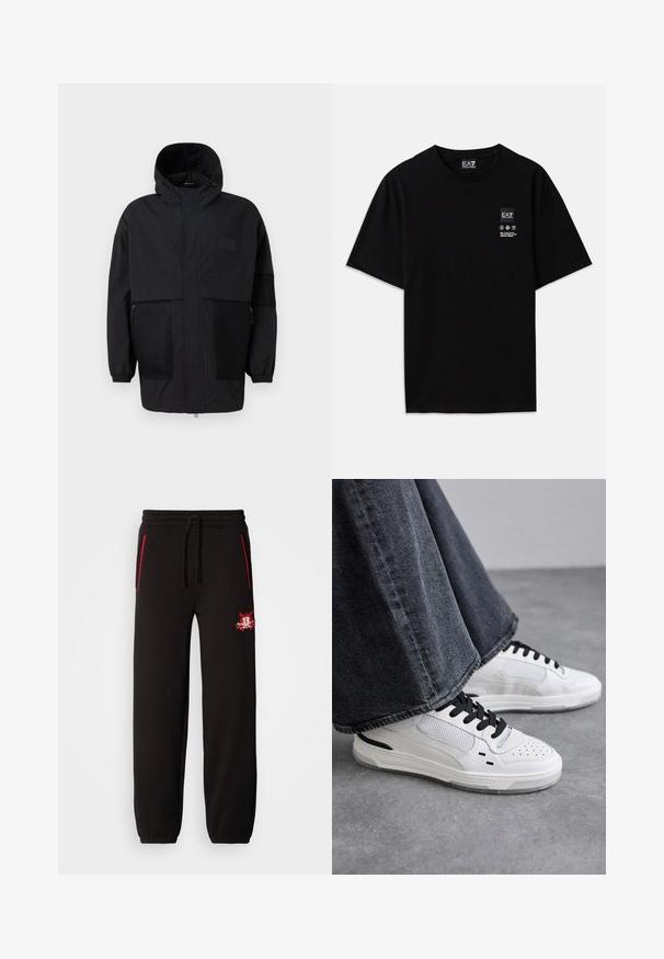 Black hooded jacket made from lightweight fabric, featuring mesh panels, a front zipper, and elastic cuffs for adjustable fit.; Black cotton t-shirt with short sleeves, a crew neck, and a small logo tag on the front featuring care symbols in white.; Black sweatpants with an elastic waistband, red accent zippers, and a prominent embroidered logo on the left thigh. Smooth texture, tapered fit.; White sneakers with black laces and mesh detailing. Features a smooth leather upper and a textured rubber sole. Paired with wide-leg grey jeans.