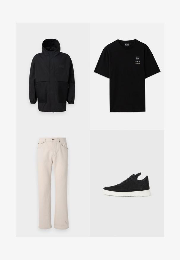 Jachetă neagră cu glugă, realizată dintr-un material ușor, având panouri din plasă, fermoar frontal și manșete elastice pentru o ajustare confortabilă.; Tricou negru din bumbac, cu mâneci scurte, guler rotund și un mic eticheta cu logo pe față, având simboluri de îngrijire în alb.; Jeans din denim bej cu croială dreaptă, având cinci buzunare, închidere cu nasture și detalii subtile de cusătură pe cusături.; Sneakers negre din suede cu o talpă din cauciuc albă, prezentând cusături tonale și un design cu șireturi. Textură netedă cu o formă modernă și aerodinamică.
