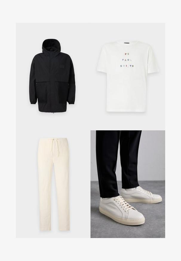 Crna kapuljača od laganog materijala, s mrežastim panelima, prednjim zatvaračem i elastičnim manžetama za prilagodljivu veličinu.; Bijela pamučna majica s multikolor tekstom od šljokica koji glasi "PS PAUL SMITH" u dizajnu velikih slova. Opustit će se, okrugli izrez.; 120% Lino MEN PANT - Hlače - milk; Svijetlosmeđi kožni tenisice s ravnim vezicama, teksturiranom površinom i kontrastnom kremasto bijelom gumom potplatom, uparene s crnim suženim hlačama.