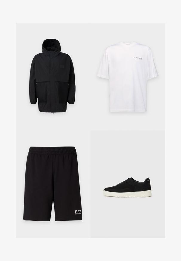 Svart hettejakke laget av lettvektig stoff, med mesh-paneler, en front glidelås og elastiske mansjetter for justerbar passform.; Hvit kortermet t-skjorte i bomull med v-hals, med en svart "FILLING PIECES" logo trykt på venstre side.; Svarte treningsshorts laget av mykt stoff, med elastisk midjebånd og en liten hvit logo nederst til høyre.; Svart semsket sneakers med snøring og kontrasterende hvit gummisåle. Har teksturerte sidepaneler og subtil merkevare på hælen.