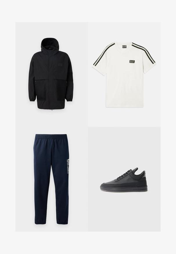 Crna kapuljača od laganog materijala, s mrežastim panelima, prednjim zatvaračem i elastičnim manžetama za prilagodljivu veličinu.; Bijela pamučna majica s okruglim izrezom, kratkim rukavima, crnim detaljima na ramenima i malim EA7 logotipom na prsima.; Tamne plave trenirke s elastičnim pojasom, sužene nogavice i bijelim logom sa strane. Glatka tkanina s laganom teksturom.; Crne kožne tenisice s teksturiranom površinom, s vezicama, niskog su kroja i sivoj gumenoj potplati koja ima rebrasti rub.