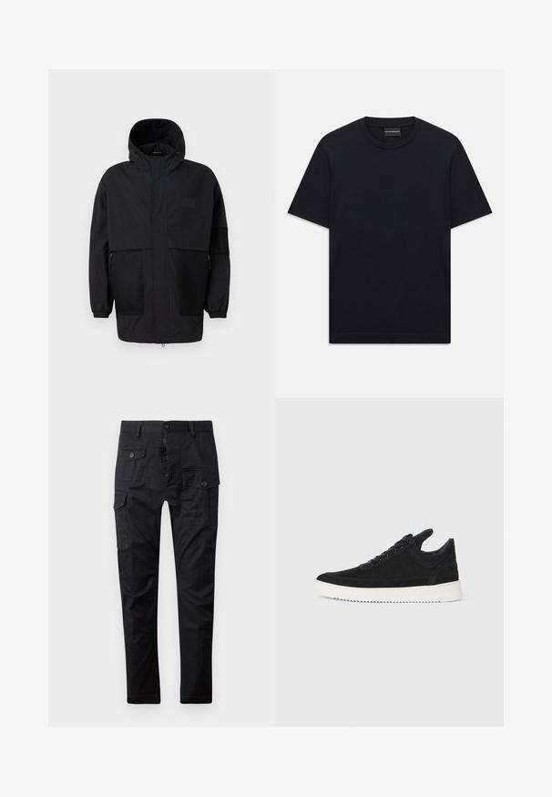 Melnā kapučjaka, kas izgatavota no viegla auduma, ar acs paneļiem, priekšējo rāvējslēdzēju un elastīgām aprocēm, kas nodrošina regulējamu piegulšanu.; Melnas īsām piedurknēm T-krekls ar apaļu kakla izgriezumu, ar smalku iepresētu logotipa dizainu krūšu centrā un zīmola etiķeti apakšā kaklā.; Melnas kravas bikses, izgatavotas no izturīga auduma, ar daudzām kabatām, pogu jostu un taisnu kāju dizainu. Gluda tekstūra un matēta apdare.; Melna zamša apavi ar baltu gumijas zoli, ar tonālu izšuvumu un auklu dizainu. Gluda tekstūra ar mūsdienīgu, plūstošu formu.