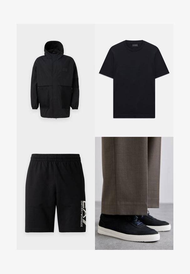 Svart hettejakke laget av lettvektig stoff, med mesh-paneler, en front glidelås og elastiske mansjetter for justerbar passform.; Svart kortermet T-skjorte med rund hals og subtil preget logo-design sentrert på brystet, samt et merke inne i halsen.; EA7 Emporio Armani TRAIN VISIBILITY - Shorts - black/cream; Svarte suedeglans sneakers med hvite gummisåler, med rund tå og lisser, iført grå skreddersydde bukser.