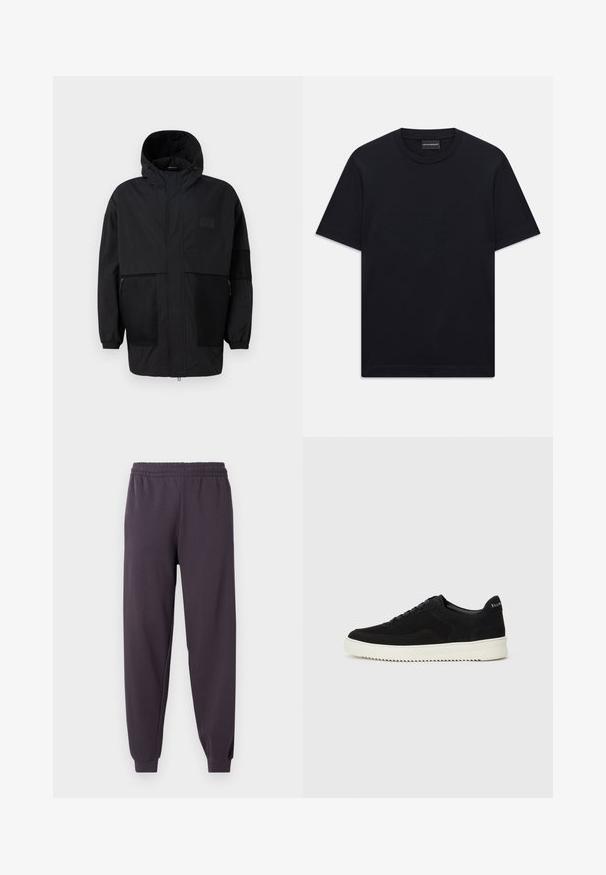 Svart hettejakke laget av lettvektig stoff, med mesh-paneler, en front glidelås og elastiske mansjetter for justerbar passform.; Svart kortermet T-skjorte med rund hals og subtil preget logo-design sentrert på brystet, samt et merke inne i halsen.; Mørkegrå joggebukser med elastisk midje, smale mansjetter, glatt tekstur, og uten synlige lommer eller dekorasjoner.; Svart semsket sneakers med snøring og kontrasterende hvit gummisåle. Har teksturerte sidepaneler og subtil merkevare på hælen.