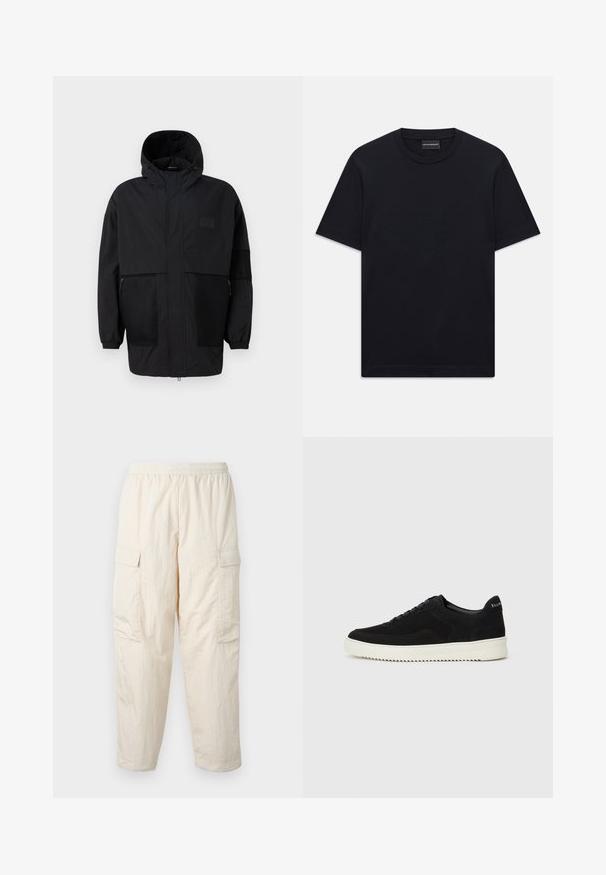 Melnā kapučjaka, kas izgatavota no viegla auduma, ar acs paneļiem, priekšējo rāvējslēdzēju un elastīgām aprocēm, kas nodrošina regulējamu piegulšanu.; Melnas īsām piedurknēm T-krekls ar apaļu kakla izgriezumu, ar smalku iepresētu logotipa dizainu krūšu centrā un zīmola etiķeti apakšā kaklā.; Beige kravas bikses ar elastīgu vidukli, ar divām sānu kabatām un mīkstu, vieglu audumu. Rievojuma tekstūra.; Melnas zamšas kedas ar auklām un kontrastējošu baltu gumijas zoli. Iekļauj teksturētas sānu panēles un diskretu zīmolu uz papēža.