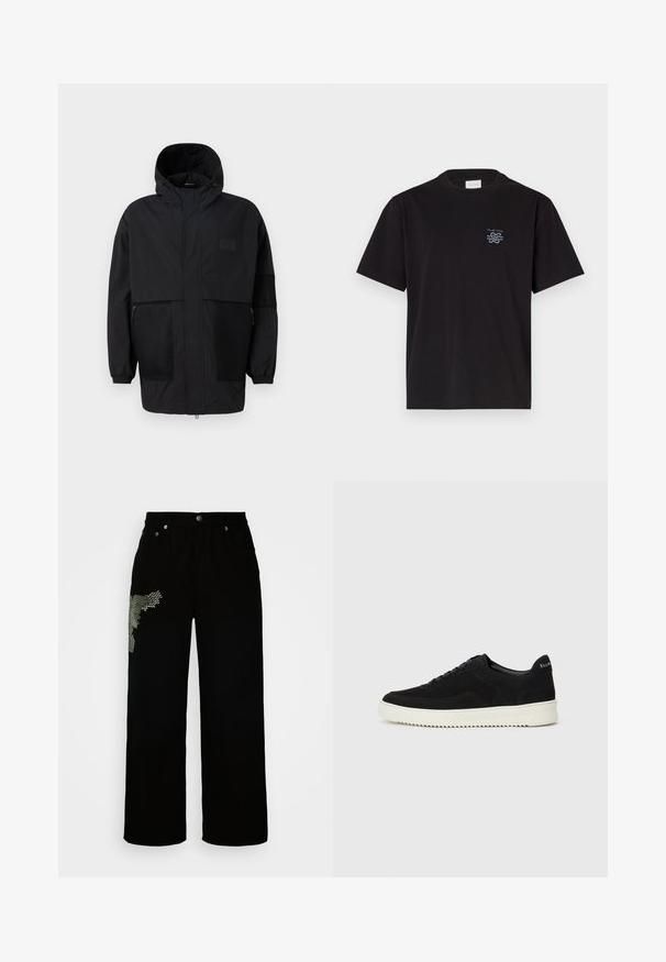 Melnā kapučjaka, kas izgatavota no viegla auduma, ar acs paneļiem, priekšējo rāvējslēdzēju un elastīgām aprocēm, kas nodrošina regulējamu piegulšanu.; Melna kokvilnas T-kreklu ar apaļu kaklu un īsām piedurknēm. Saturs mazu zilu logotipu kreisajā krūtī. Vienkāršs, taisns griezums.; Melnas plašās kājas džinsus, izgatavotus no denima, ar teksturētu rakstu kreisajā kājā un sudraba toņa furnitūru.; Melnas zamšas kedas ar auklām un kontrastējošu baltu gumijas zoli. Iekļauj teksturētas sānu panēles un diskretu zīmolu uz papēža.