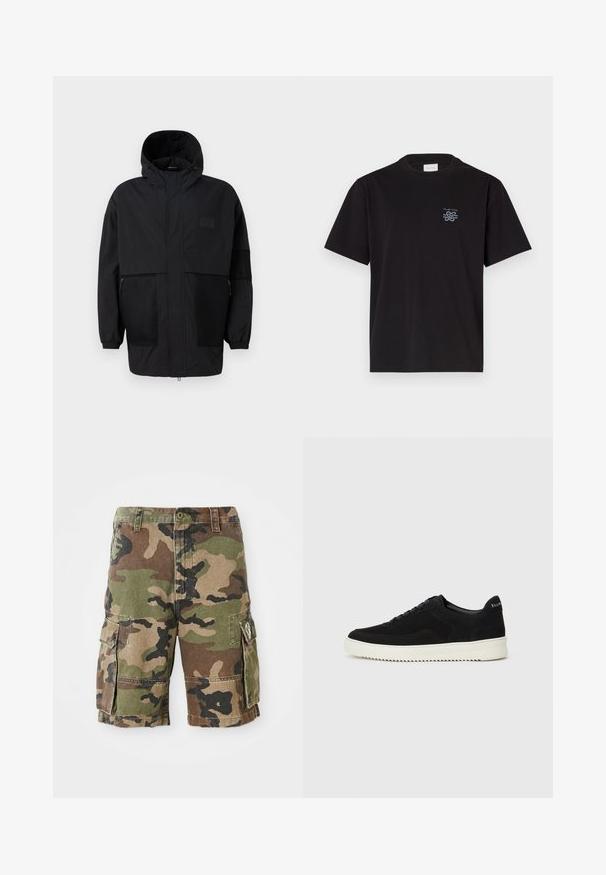 Fekete kapucnis dzseki, könnyű anyagból készült, hálós panelek, elülső cipzár és állítható illeszkedést biztosító rugalmas mandzsetták jellemzik.; Fekete pamut póló kerek nyakkal és rövid ujjakkal. Bal mellen egy kis kék logó található. Egyszerű, egyenes szabású dizájn.; Kamerás cargo bermuda nadrág két oldalsó zsebbel és övbújtatókkal, elülső gombos záródással és varrott részletekkel.; Fekete velúr sportcipő fűzős dizájnnal és kontrasztos fehér gumitalppal. Jellemzői a textúrázott oldalpanelek és a diszkrét logó a sarokon.