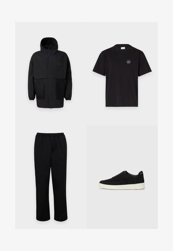 Musthave musta kapuutsiga jakk, mis on valmistatud kergest kangast, koos võrgupaneelide, ees oleva tõmbluku ja elastsete mansettidega kohandatava sobivuse jaoks.; Must mustaga T-särk, millel on ümar kaelus ja lühikesed varrukad. Vasakul rinnal on väike sinine logo. Lihtne, sirge lõikega disain.; Mustad, keskpikkused püksid elastse vöökohtaga. Valmistatud siledast kangast, millel on mugav lõige ja ei ole nähtavaid taskuid ega kaunistusi.; Mustad suede jooksujalatsid, millel on paelad ja kontrastne valge kummitald. Omab tekstuuriga külgpaneele ja tagasihoidlikku brändimist kandadel.