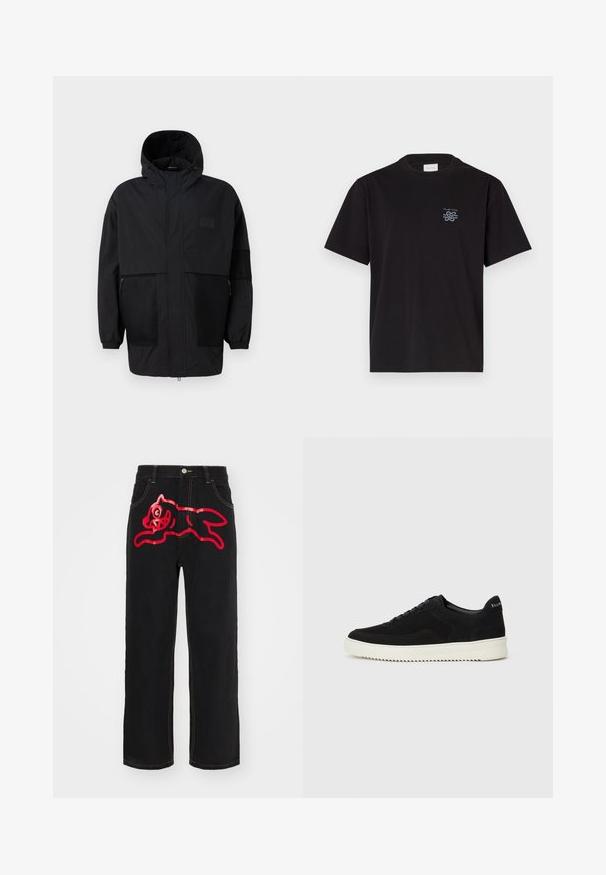 Czarna kurtka z kapturem, wykonana z lekkiego materiału, z siateczkowymi panelami, z zamek błyskawicznym z przodu oraz elastycznymi mankietami dla regulowanego dopasowania.; Czarny bawełniany t-shirt z okrągłym dekoltem i krótkimi rękawami. Posiada małe niebieskie logo na lewej piersi. Prosty, prosty krój.; Czarne jeansy denimowe z dużą, czerwoną grafiką skaczącego kota na tylnej kieszeni, z kontrastującymi żółtymi szwami wzdłuż szwów.; Czarne zamszowe sneakersy z designem na sznurówki i kontrastującą białą gumową podeszwą. Posiadają teksturowane boczne panele oraz subtelne logo na pięcie.