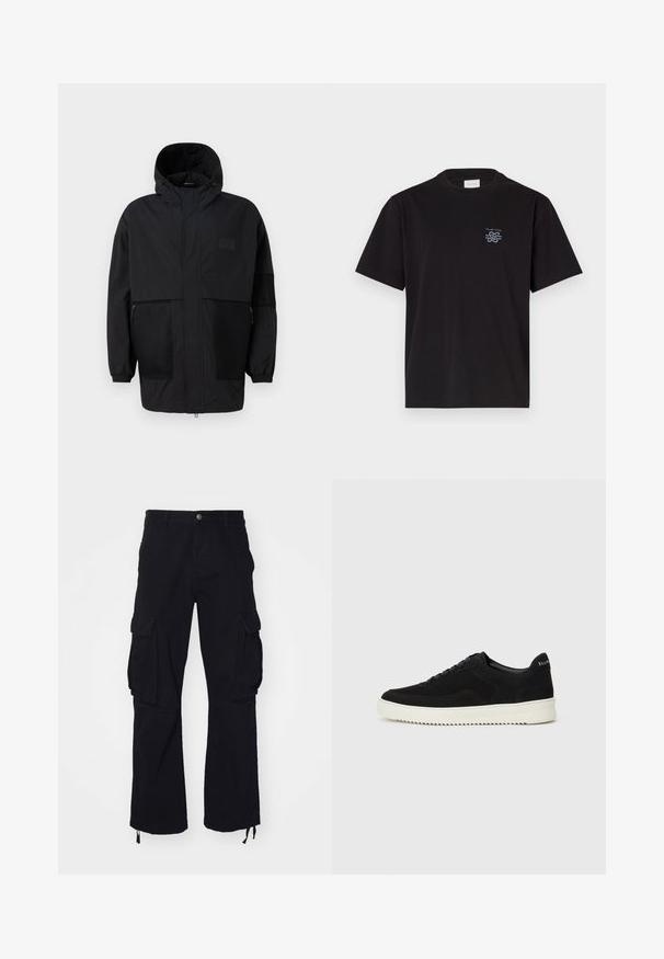 Black hooded jacket made from lightweight fabric, featuring mesh panels, a front zipper, and elastic cuffs for adjustable fit.; Black cotton t-shirt with a crew neck and short sleeves. Features a small blue logo on the left chest. Simple, straight-cut design.; Black cargo pants made of cotton, featuring two large side pockets, drawstring hems, and a straight-leg design.; Black suede sneaker with lace-up design and contrasting white rubber sole. Features textured side panels and subtle branding on the heel.