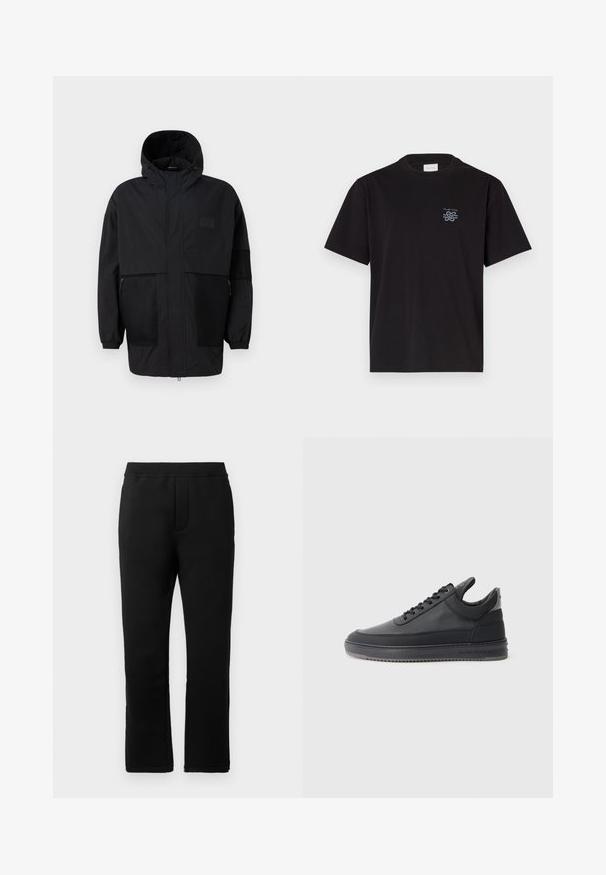 Crna kapuljača od laganog materijala, s mrežastim panelima, prednjim zatvaračem i elastičnim manžetama za prilagodljivu veličinu.; Crna pamučna majica s okruglim izrezom i kratkim rukavima. Ima mali plavi logo na lijevoj strani prsnog koša. Jednostavan, ravno krojen dizajn.; Crne dukserice s glatkom teksturom, elastičnim pojasom i dva bočna džepa. Dizajn ravnih nogavica s čistim završetkom.; Crne kožne tenisice s teksturiranom površinom, s vezicama, niskog su kroja i sivoj gumenoj potplati koja ima rebrasti rub.