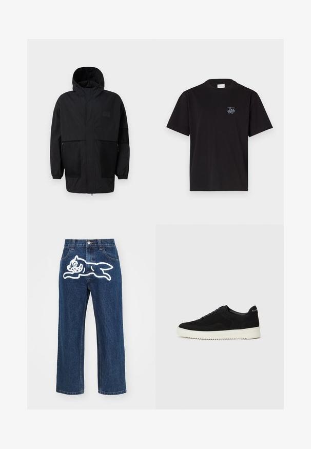 Musthave musta kapuutsiga jakk, mis on valmistatud kergest kangast, koos võrgupaneelide, ees oleva tõmbluku ja elastsete mansettidega kohandatava sobivuse jaoks.; Must mustaga T-särk, millel on ümar kaelus ja lühikesed varrukad. Vasakul rinnal on väike sinine logo. Lihtne, sirge lõikega disain.; Tumedad sinised laiad püksid, millel on tagataskus suur valge koomiksikoer. Deprivation struktuur, traditsiooniline viie taskuga disain.; Mustad suede jooksujalatsid, millel on paelad ja kontrastne valge kummitald. Omab tekstuuriga külgpaneele ja tagasihoidlikku brändimist kandadel.