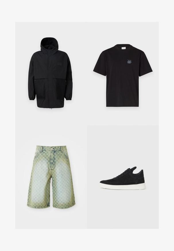 Fekete kapucnis dzseki, könnyű anyagból készült, hálós panelek, elülső cipzár és állítható illeszkedést biztosító rugalmas mandzsetták jellemzik.; Fekete pamut póló kerek nyakkal és rövid ujjakkal. Bal mellen egy kis kék logó található. Egyszerű, egyenes szabású dizájn.; Farmere shorts textúrált mintával, világoskék-zöld árnyalatú átmenettel, klasszikus öt zsebes dizájn, és fém gombos záródással.; Fekete nubuk sportcipő fehér gumitalppal, tónusos varrással és fűzős kialakítással. Simák a textúrája, modern, letisztult formával rendelkezik.