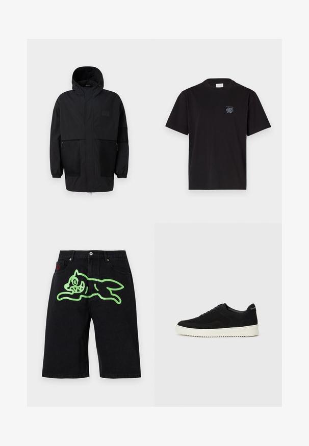 Černá kapucňová bunda vyrobená z lehké tkaniny, s síťovinovými panely, předním zipem a elastickými manžetami pro nastavitelné přizpůsobení.; Černé bavlněné tričko s kulatým výstřihem a krátkými rukávy. Na levé části hrudi se nachází malé modré logo. Jednoduchý, rovně střižený design.; Icecream RUNNING DOG - Džínové kraťasy - black denim; Černé semišové tenisky s krajkovým designem a kontrastní bílou gumovou podrážkou. Obsahují texturované boční panely a jemné branding na patě.