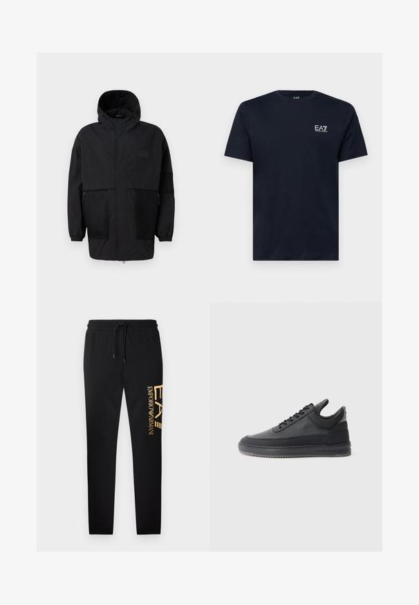 Casaco preto com capuz, feito de um tecido leve, apresentando painéis de malha, um fecho éclair frontal e punhos elásticos para um ajuste ajustável.; Camiseta de algodão azul marinho com mangas curtas, gola redonda e um pequeno logótipo branco bordado no lado esquerdo do peito. Textura suave.; Calças de fato de treino pretas com um ajuste confortável, apresentando uma estampa de logo dourado "EA" e "EMPORIO ARMANI" no lado esquerdo, com cintura elástica.; Sapatilhas de couro preto com uma superfície texturizada, design de atacadores, cano baixo, e uma sola de borracha cinza com uma borda estriada.
