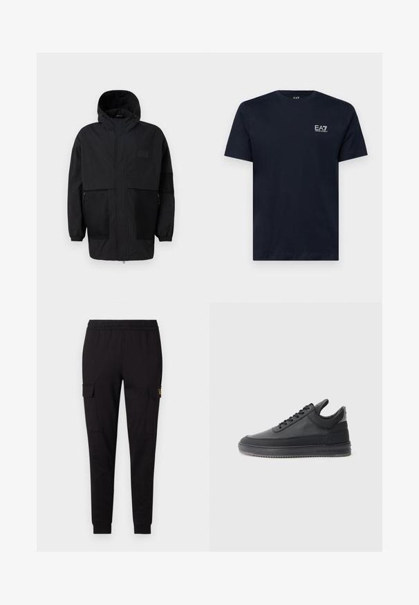 Svart hettejakke laget av lettvektig stoff, med mesh-paneler, en front glidelås og elastiske mansjetter for justerbar passform.; Mørkeblå bomulls t-skjorte med korte ermer, rund hals og en liten hvit brodert logo på venstre bryst. Glatt tekstur.; Sorte joggebukser laget av myk stoff, med en tapered leg-design og to sidelommer med cargo-lommer, samt en subtil logo på en lomme.; svarte lær sneakers med en teksturert overflate, snøring, lav topp, og en grå gummi såle med en ribbet kant.