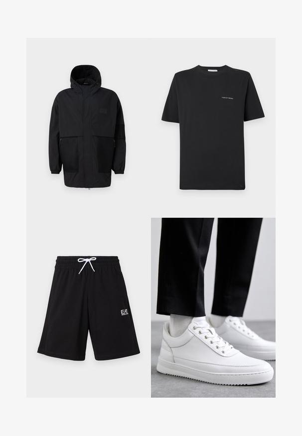 Juodas gobtuvu džemperis, pagamintas iš lengvo audinio, turi tinklinės juosteles, priekinį užtrauktuką ir elastingus rankogalius, leidžiančius pritaikyti dydį.; Juoda medvilnės marškinėliai su apvaliu kaklu, trumpomis rankovėmis ir mažu baltu „TIGER OF SWEDEN“ logotipu krūtinėje. Klasikinis siluetas.; Juodi sportiniai šortai iš tamprios medžiagos, su elastine juosta ir balta raišteliu, ant kojos yra mažas logotipas.; Baltos odinės sportbačiai su plokščiu guminiu padu, pasižymintys lygiu paviršiumi, apvalia nosimi ir metaliniais anga užrišimui. Dėvimi su juodomis kelnėmis.