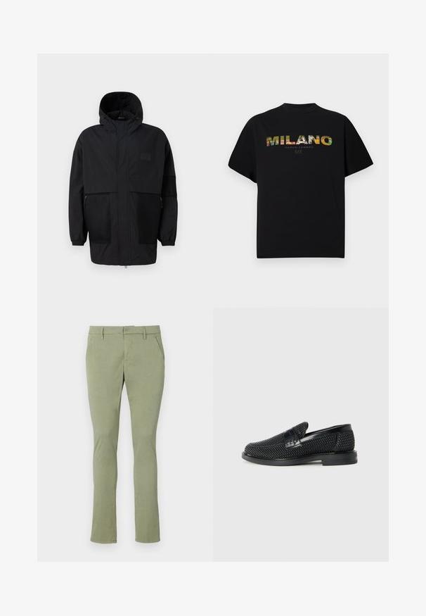 Giacca nera con cappuccio realizzata in tessuto leggero, con pannelli in rete, zip frontale e polsini elasticizzati per una vestibilità regolabile.; T-shirt nera in cotone con una grafica colorata "MILANO PARCO LAMBRO" sul davanti, maniche corte e scollo rotondo.; Chino verde chiaro con vestibilità slim, realizzati in tessuto morbido. Presentano una parte anteriore piatta, due tasche laterali e una vita classica senza decorazioni.; Scarpa nera a mocassino intrecciata con un accentuato in pelle liscia sulla parte superiore, design a punta rotonda e suola in gomma a profilo basso.