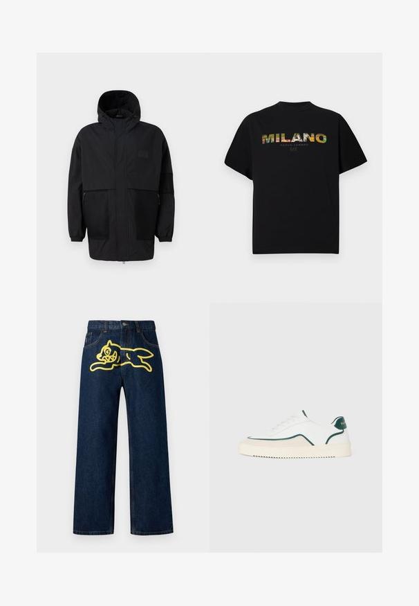 Jachetă neagră cu glugă, realizată dintr-un material ușor, având panouri din plasă, fermoar frontal și manșete elastice pentru o ajustare confortabilă.; Tricou din bumbac negru, cu un grafic colorat "MILANO PARCO LAMBRO" pe față, având mâneci scurte și guler rotund.; Jeans din denim de culoare albastru închis, cu un grafic mare galben al unui personaj care sare pe buzunarul din spate. Design cu picior drept și cusături standard.; Sneaker alb cu vârf jos, cu detalii verzi, detalii din suede bej și o talpă de culoare crem cu bază striată.
