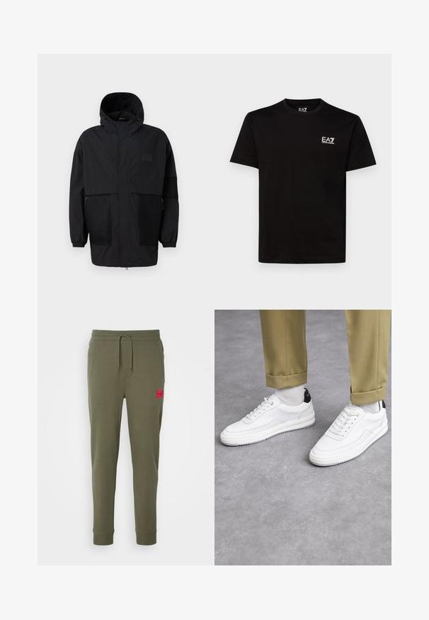 Zwarte capuchonjas gemaakt van lichtgewicht stof, met meshpanelen, een voorrits en elastische manchetten voor een verstelbare pasvorm.; Zwarte katoenen t-shirt met ronde hals, korte mouwen en klein wit EA7-logo op de linkerborst. Gladde textuur enRegular fit.; HUGO DOAK - Trainingsbroek - dark beige; Witte sneakers met een textuur van leerafwerkingen, een ronde neus en een zwarte hielaccent. Rubberen zool met een klein profiel en gestikte details.