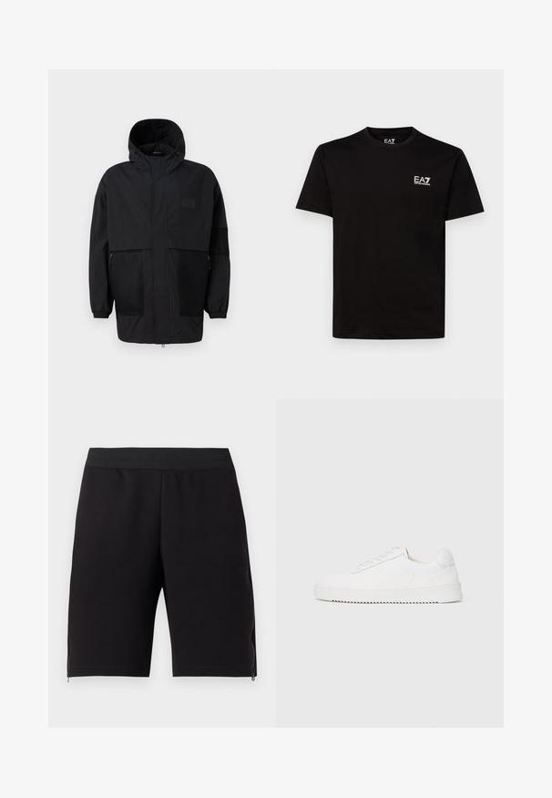 Casaco preto com capuz, feito de um tecido leve, apresentando painéis de malha, um fecho éclair frontal e punhos elásticos para um ajuste ajustável.; T-shirt preta de algodão com decote redondo, mangas curtas e pequeno logótipo EA7 branco no lado esquerdo do peito. Textura suave e corte regular.; Calças de desporto pretas feitas de tecido suave, com uma cintura elástica ajustada e zíperes nas laterais para uma funcionalidade adicional.; Sapatilha branca com um cabedal de couro suave, bico arredondado, atacadores, detalhes texturizados nas laterais e uma sola de borracha grossa. Design minimalista.