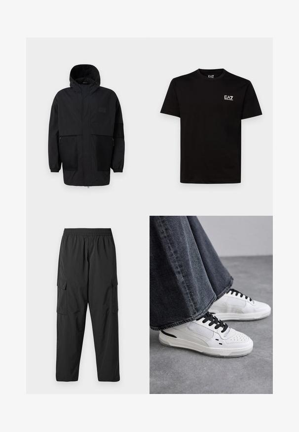 Melnā kapučjaka, kas izgatavota no viegla auduma, ar acs paneļiem, priekšējo rāvējslēdzēju un elastīgām aprocēm, kas nodrošina regulējamu piegulšanu.; Melns kokvilnas T-krekls ar apaļu kakla izgriezumu, īsām piedurknēm un mazu balto EA7 logotipu kreisajā krūtīs. Gluda tekstūra un regulāra piegriezte.; Melni kravas bikses, kas izgatavotas no viegla auduma, ar elastīgu jostasvietu, sānu kravas kabatām un brīvu taisna piegriezuma dizainu.; Baltas sneakers ar melnām auklām un sieta detaļām. Iekļauj gludu ādas virsu un strukturētu gumijas zoli. Pāris ar platām pelēkām džinsām.