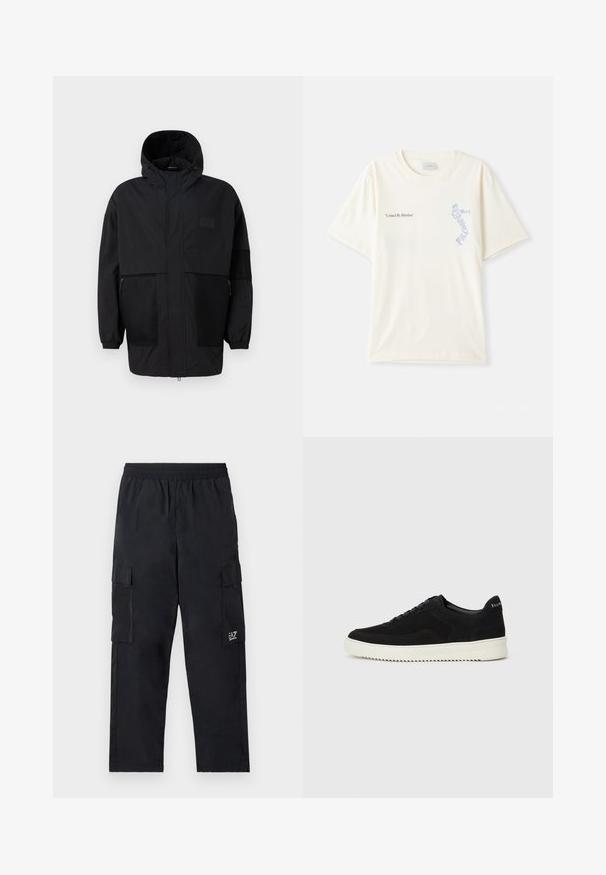 Svart hettejakke laget av lettvektig stoff, med mesh-paneler, en front glidelås og elastiske mansjetter for justerbar passform.; Hvit bomull t-skjorte med korte ermer, med teksten "United By Rhythm" i svart og blå grafikk på brystet. Rund halsdesign.; Sorte cargo-bukser med elastisk linning, sidelommer og en liten logo på venstre bein. Laget av lett, glatt stoff.; Svart semsket sneakers med snøring og kontrasterende hvit gummisåle. Har teksturerte sidepaneler og subtil merkevare på hælen.
