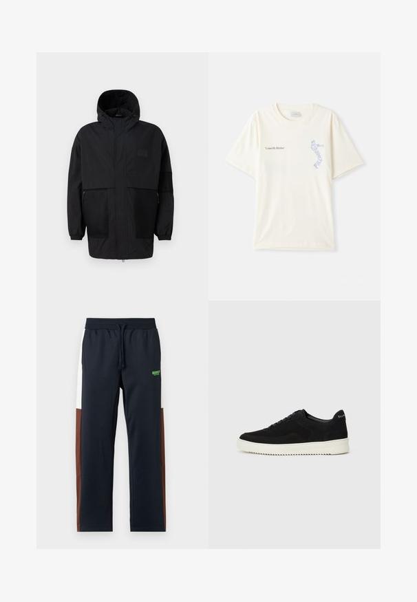 Svart hettejakke laget av lettvektig stoff, med mesh-paneler, en front glidelås og elastiske mansjetter for justerbar passform.; Hvit bomull t-skjorte med korte ermer, med teksten "United By Rhythm" i svart og blå grafikk på brystet. Rund halsdesign.; Mørkeblå sweatpants med hvite og brune sidelommer, elastisk midje, snøring og en grønn logo ved hoften. Mykt, glatt materiale.; Svart semsket sneakers med snøring og kontrasterende hvit gummisåle. Har teksturerte sidepaneler og subtil merkevare på hælen.