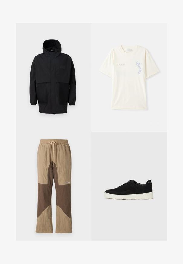 Fekete kapucnis dzseki, könnyű anyagból készült, hálós panelek, elülső cipzár és állítható illeszkedést biztosító rugalmas mandzsetták jellemzik.; Fehér pamut póló rövid ujjakkal, az „Egy ritmus által összekapcsolva” felirattal fekete és kék grafikával a mellkason. Kerek nyakú kialakítás.; Barna és barna árnyalatú blokk színű nadrág, gumis derékkal, zsinórral és logós felirattal. Texturált anyagból készült, laza szabással.; Fekete velúr sportcipő fűzős dizájnnal és kontrasztos fehér gumitalppal. Jellemzői a textúrázott oldalpanelek és a diszkrét logó a sarokon.