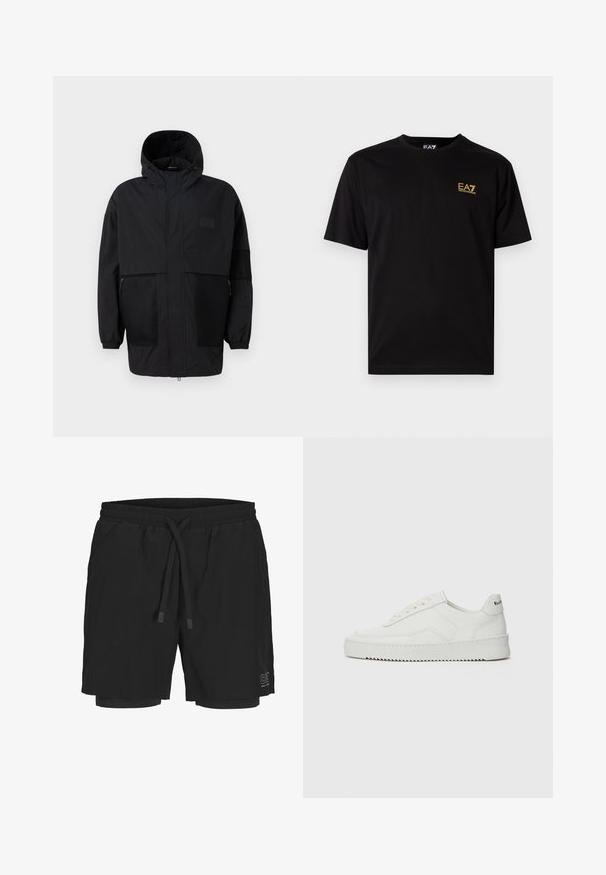 Musta huppari, joka on valmistettu kevyestä kankaasta, sisältäen verkkopaneeleja, etuvetoketjun ja joustavat hihansuut säädettävää istuvuutta varten.; Musta puuvillapaita lyhyillä hihoilla, jossa vasemmassa rinnassa on pieni keltainen brodeerattu logo. Klassinen pyöreä kaula-aukko.; Mustat uimaportit, jotka on valmistettu kevyestä kankaasta, jossa on joustava vyötärö, säädettävä naru ja sisävuori. Sivussa on logo.; Valkoinen nahkakenkä, jossa on sileä pinta, pyöreä kärki, tasaiset nauhat ja teksturoitu pohja. Sisältää huomaamattoman logon kantapäässä.