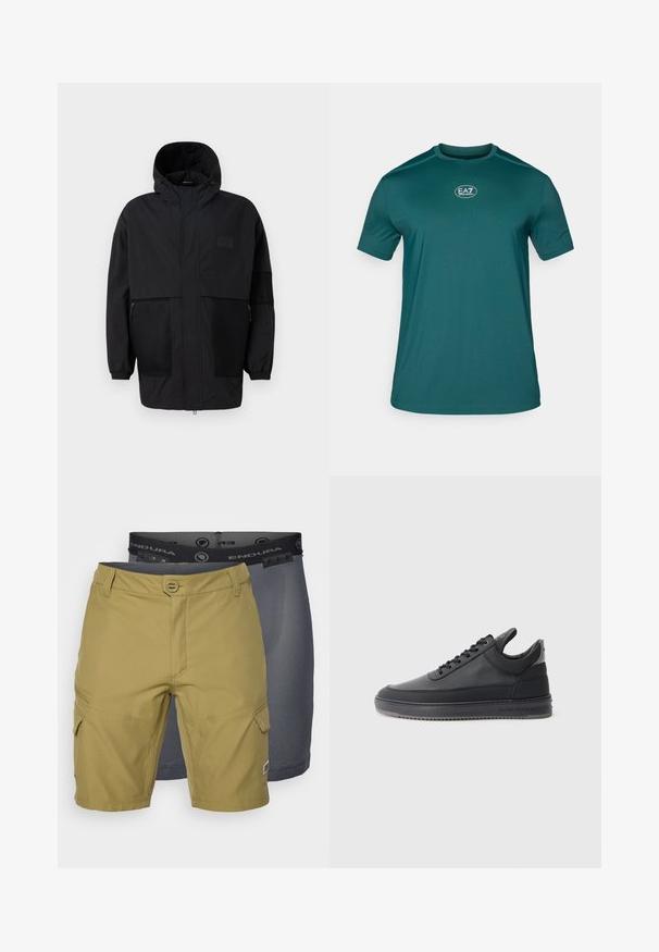 Jachetă neagră cu glugă, realizată dintr-un material ușor, având panouri din plasă, fermoar frontal și manșete elastice pentru o ajustare confortabilă.; Tricou sport de culoare teal închis, cu mâneci scurte, de gât rotund și un mic logo EA7 pe față. Material neted cu o ușoară textură.; Două perechi de pantaloni scurți: una de culoare verde măsliniu, cu buzunare și un brâu texturat, și una de culoare gri închis, cu o căptușeală din plasă vizibilă dedesubt.; Pantofi sport din piele neagră cu o suprafață texturată, design cu sireturi, cu glezna joasă și o talpă din cauciuc gri cu margine zimțată.