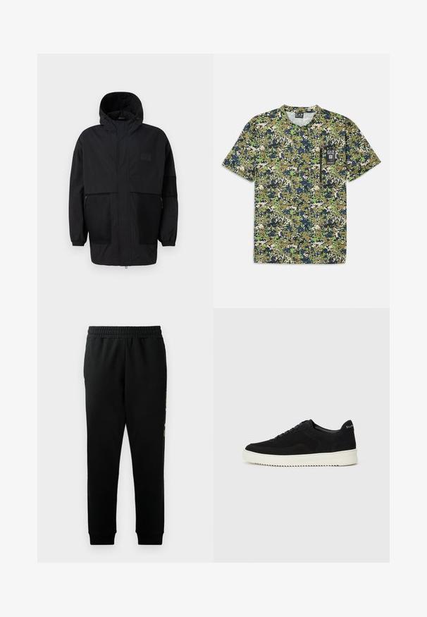 Crna kapuljača od laganog materijala, s mrežastim panelima, prednjim zatvaračem i elastičnim manžetama za prilagodljivu veličinu.; Majica kratkih rukava s uzorkom kamuflaže u zelenim, mornarsko plavim i bež tonovima, s džepom i oznakom sprijeda.; Crne trenirke s elastičnom ušicom u struku, suženim nogavicama i bočnim džepovima. Sadrže odvažan grafički detalj duž lijeve strane.; Crne nubuk tenisice s vezanjem i kontrastnom bijelom gumenom potplatom. Imaju teksturirane bočne panele i suptilno brendiranje na peti.