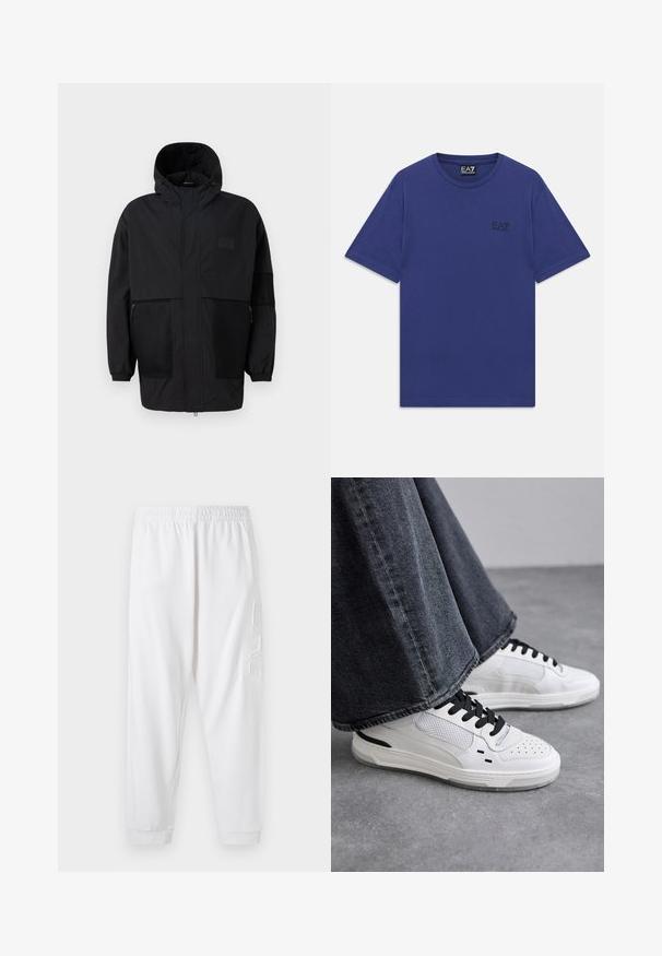 Black hooded jacket made from lightweight fabric, featuring mesh panels, a front zipper, and elastic cuffs for adjustable fit.; Plain blue short-sleeve crew neck T-shirt with small black EA7 Emporio Armani logo on the left chest.; White tapered sweatpants with an elastic waistband and cuffed ankles. Features a textured logo detail on the left thigh. Soft material.; White sneakers with black laces and mesh detailing. Features a smooth leather upper and a textured rubber sole. Paired with wide-leg grey jeans.