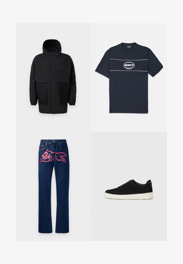 Svart hettejakke laget av lettvektig stoff, med mesh-paneler, en front glidelås og elastiske mansjetter for justerbar passform.; Mørkeblå bomull t-skjorte med korte ermer, med en hvit logo og striper over brystet. Rund hals, avslappet passform.; Denimjeans med rett snitt. Mørk blå farge, med et stort rosa kattemotiv på baklommen. Klassisk metallknapp og nagler.; Svart semsket sneakers med snøring og kontrasterende hvit gummisåle. Har teksturerte sidepaneler og subtil merkevare på hælen.