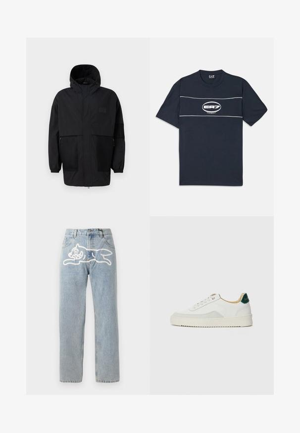 Svart hettejakke laget av lettvektig stoff, med mesh-paneler, en front glidelås og elastiske mansjetter for justerbar passform.; Mørkeblå bomull t-skjorte med korte ermer, med en hvit logo og striper over brystet. Rund hals, avslappet passform.; Lys blå denim jeans med rett snitt, med et stort hvitt grafisk bilde av en katt på baksiden. Klassisk fem-lomme-design.; Hvit sneakers med semsket detaljer, rund tå, flate snøringer og en kremfarget gummisåle. Har grønn merking på hælen.