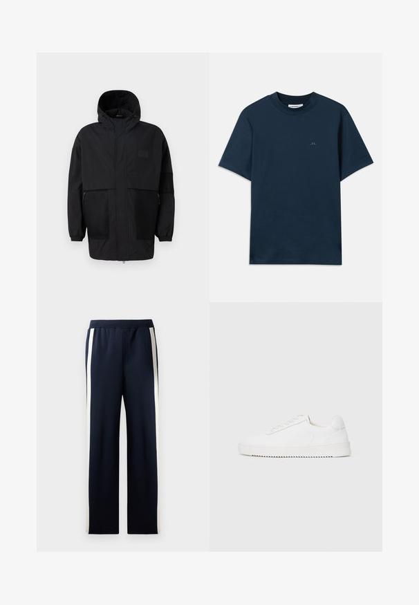 Zwarte capuchonjas gemaakt van lichtgewicht stof, met meshpanelen, een voorrits en elastische manchetten voor een verstelbare pasvorm.; Marineblauwe katoenen t-shirt met ronde hals, korte mouwen en een subtiel logo op de borst gedrukt. Glad textuur en klassieke pasvorm.; Navy sweatpants met een wijd beenontwerp, voorzien van verticale crèmekleurige strepen langs de zijkanten. Gemaakt van zachte, gestructureerde stof met een elastische tailleband.; Witte sneaker met een gladleren bovenkant, ronde neus, veters, gestructureerde zijaccenten en een dikke rubberen zool. Minimalistisch ontwerp.