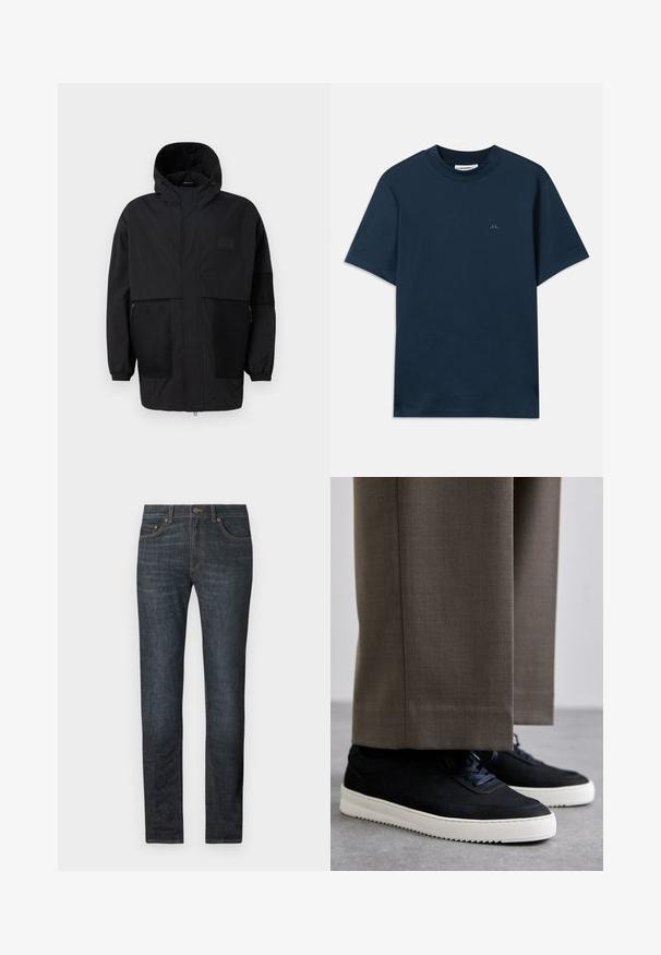 Jachetă neagră cu glugă, realizată dintr-un material ușor, având panouri din plasă, fermoar frontal și manșete elastice pentru o ajustare confortabilă.; Tricou din bumbac de culoare albastru marin, cu gât rotund, mâneci scurte și un logo discret imprimat pe piept. Textură netedă și croială clasică.; Blugi din denim de culoare albastru închis, cu croială dreaptă, închidere cu nasture și cinci buzunare. Materialul are o textură netedă, cu detalii de cusătură subtile.; Tenisi din suede negru cu talpă din cauciuc alb, având vârf rotunjit și șireturi, purtați cu pantaloni gri ajustați.