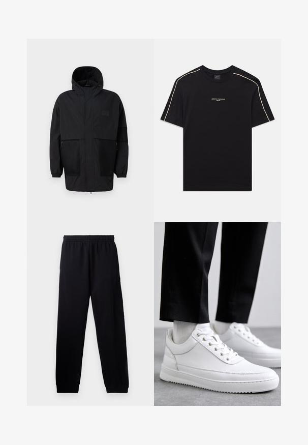 Juodas gobtuvu džemperis, pagamintas iš lengvo audinio, turi tinklinės juosteles, priekinį užtrauktuką ir elastingus rankogalius, leidžiančius pritaikyti dydį.; Juodas medvilninis marškinėliai su trumpomis rankovėmis, apvaliu kaklu, šviesiai rudos spalvos siūlėmis ant pečių ir ARMANI EXCHANGE logotipu viduryje.; Juodi sportiniai kelnių su elastingu juosmeniu, siaurėjančiomis kojomis ir tekstūruotu logotipo pavidalu ant kairės kojos. Pagaminti iš minkštos, lengvos medžiagos.; Baltos odinės sportbačiai su plokščiu guminiu padu, pasižymintys lygiu paviršiumi, apvalia nosimi ir metaliniais anga užrišimui. Dėvimi su juodomis kelnėmis.