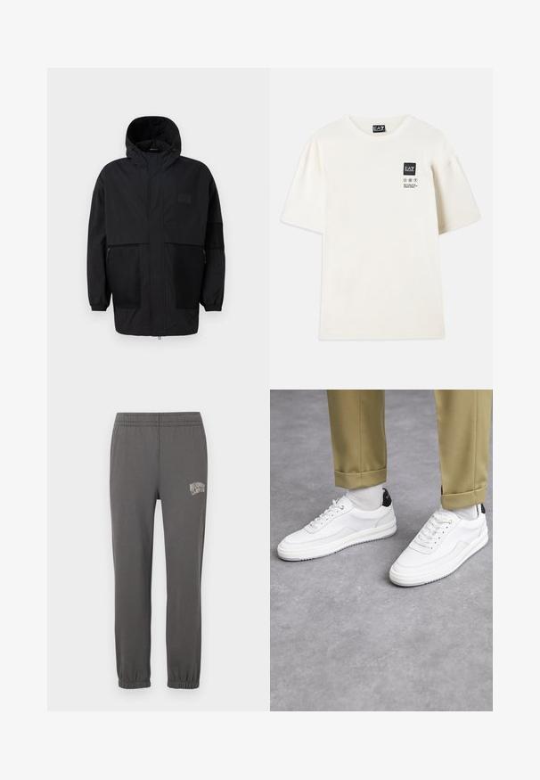 Czarna kurtka z kapturem, wykonana z lekkiego materiału, z siateczkowymi panelami, z zamek błyskawicznym z przodu oraz elastycznymi mankietami dla regulowanego dopasowania.; Koszulka z krótkim rękawem w kolorze off-white z bawełny, z prostokątną czarną łatką z logo oraz czarnym nadrukiem z instrukcją pielęgnacji na piersi.; Szare dresy z elastycznym pasem, zwężanymi mankietami oraz małym białym logo z napisem „Billionaire Boy Club” na lewej udzie.; Białe sneakersy z fakturowaną skórzaną wykończeniem, okrągłym noskiem i czarnym akcentem na pięcie. Gumowa podeszwa z małym wzorem bieżnika i przeszyciem.